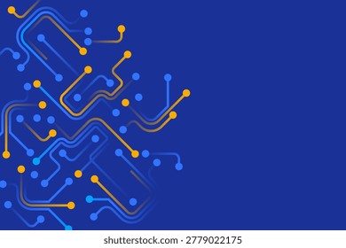 Abstract electronic circuit network with complex digital pathways and glowing nodes. Futuristic technology background symbolizing data systems, cyber connections and computing infrastructure