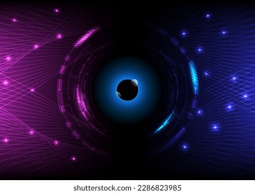 Abstract electronic circuit technology circle glowing eyes in the middle beautiful curved lines glowing dots on the lines gradient background pink and blue