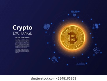 Abstract Electronic cryptocurrency and modern technology background. Bitcoin and blockchain. Crypto exchange. Future image. Online banking, and financial communications.