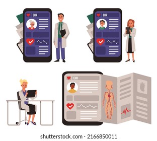 Abstract Electronic Health Records In Mobile Phone And Tablets, Flat Vector Illustration Isolated On White Background. Doctors Check Patient Health Conditions In Online App. Set Of Cartoon Characters.