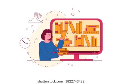 Abstract electronic library concept. The girl choosing e-book on the computer screen. Colored vector illustration