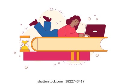 Abstract electronic library concept. Tiny girl is lying on a stack of giant books and looking for e-book on a laptop. Colored vector illustration