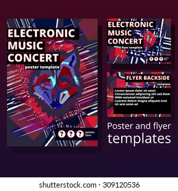 Abstract electronic music concert poster with geometric wolf head and flyer design template