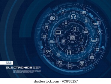 Abstract electronic technology background. Digital connect system with integrated circles, glowing thin line icons. Virtual reality, household interface concept. Vector future infographic illustration