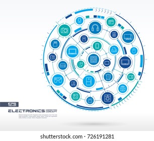 Abstract electronic technology background. Digital connect system with integrated circles, thin line icons. Network system group, household interface concept. Vector future infographic illustration