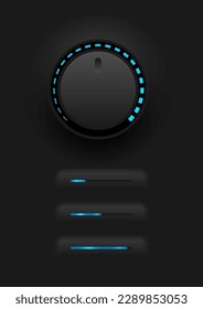 abstract electronic technology circular volume knob and led light minimum and to maximum square 3 with led indicator black gradient background