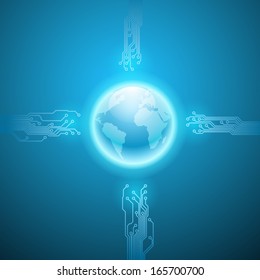 Abstract electronics blue background with circuit board texture and the earth. EPS10 vector.