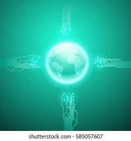 Abstract electronics cyan background with circuit board texture and the earth. EPS10 vector.