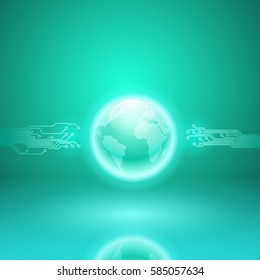 Abstract electronics cyan background with circuit board texture and the earth. EPS10 vector.