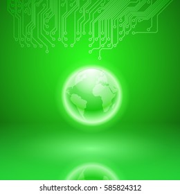 Abstract electronics green background with circuit board texture and the earth. EPS10 vector.