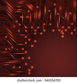 Abstract electronics red background with circuit board texture. EPS10 vector.