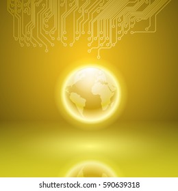 Abstract electronics yellow background with circuit board texture and the earth. EPS10 vector.