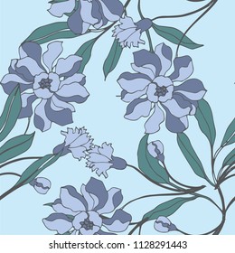 Abstract elegance pattern with floral background in blue tones.