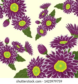 Abstract elegance pattern with floral background. Violet and purple chrysanthemum with yellow hearts. Vector illustration.