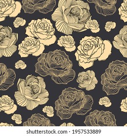 Abstract elegance seamless floral pattern. Beautiful flowers vector illustration texture with roses on dark background. Beige, khaki, brown colors.