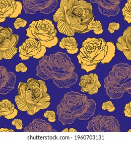 Resumen de elegancia sin fisuras en el patrón floral. Hermoso patrón vectorial de flores con rosas sobre fondo morado. Colores amarillos, morados y marrones.