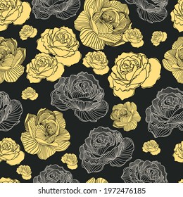 Abstract elegance seamless floral pattern. Beautiful flowers vector illustration texture with roses on dark background. Beige, yellow, grey, black colors.