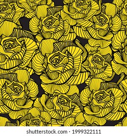 Resumen de elegancia sin fisuras en el patrón floral. Hermosa textura vectorial de flores con rosas amarillas sobre fondo oscuro. Colores amarillos, negros.