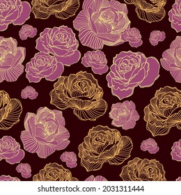 Abstract elegance seamless floral pattern. Beautiful flowers vector illustration texture with pink and yellow roses on dark background. Gold, pink, burgundy colors.