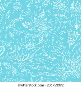 Abstract Elegance seamless floral pattern on a blue background. Seamless patterns are used in textile design, postcards, websites, wallpapers. Beautiful flower texture. Vector illustration.