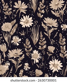 Abstract elegance seamless floral pattern. Beautiful flowers vector illustration texture with pink and yellow roses on dark background. 