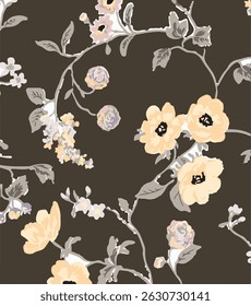Elegância abstrata padrão floral sem costura. Belas flores vetor de ilustração textura com rosa e rosas amarelas no fundo escuro. 