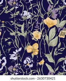 Abstract elegance seamless floral pattern. Beautiful flowers vector illustration texture with pink and yellow roses on dark background. 