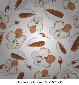 Abstract elegance seamless pattern with floral motifs in white and brown colors. Decorative hibiscus flowers repeating pattern. Vector illustration.