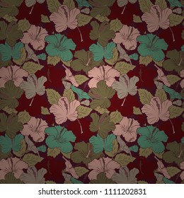 Abstract elegance seamless pattern with floral motifs in brown, beige and purple colors. Decorative hibiscus flowers repeating pattern. Vector illustration.