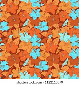 Abstract elegance seamless pattern with floral motifs in blue, brown and orange colors. Decorative hibiscus flowers repeating pattern. Vector illustration.