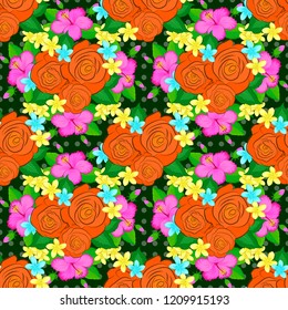 Abstract elegance seamless pattern with floral motifs in green, blue and orange colors. Decorative rose flowers and green leaves repeating pattern. Vector illustration.