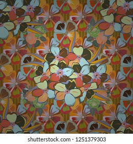Abstract elegance seamless pattern with floral motifs in orange, yellow and brown colors. Decorative primula flowers repeating pattern. Vector illustration.