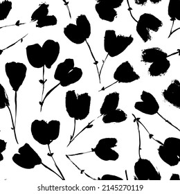 Abstract elegance seamless pattern with floral motif. Vector seamless floral background. Herbs and plants, monochrome botanical illustration. Heart shape blooming. Vintage botanical background