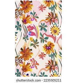 Abstract elegance seamless pattern with floral background of flowers and leaves, yellow red pink green and black