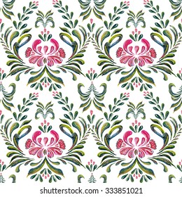 Abstract elegance seamless pattern with floral background. Hand drawn illustration in Ukrainian folk style. 