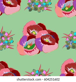 Abstract elegance seamless pattern with floral motifs in green and pink colors. Vector illustration.