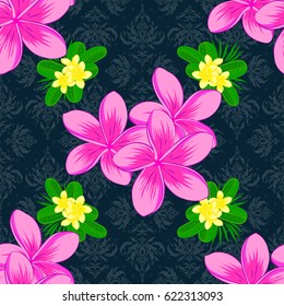 Abstract elegance seamless pattern with floral motifs on a blue background. Decorative plumeria flowers repeating pattern. Vector illustration.