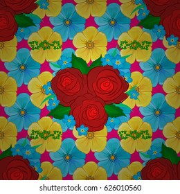 Abstract elegance seamless pattern with floral motifs on a magenta background. Decorative rose flowers and green leaves repeating pattern. Vector illustration.