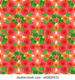 Abstract elegance seamless pattern with floral motifs on a beige background. Decorative rose flowers and green leaves repeating pattern. Vector illustration.