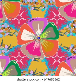 Abstract elegance seamless pattern with floral motifs in beige and blue colors. Vector illustration.