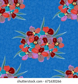 Abstract elegance seamless pattern with floral motifs in pink and blue colors. Vector illustration.