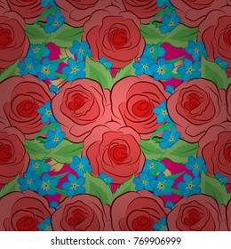 Abstract elegance seamless pattern with floral motifs in pink and blue colors. Decorative rose flowers and green leaves repeating pattern. Vector illustration.