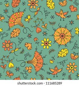 Abstract elegance seamless pattern with flowers and birds.