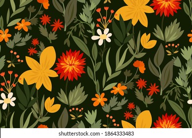 Abstract elegance seamless pattern with forest flowers, leaves. Trendy floral background in a creative hand-drawn style. Colorful Botanical print for textiles,  fashion design, Wallpaper... Vector