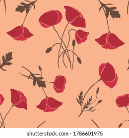 Abstract elegance seamless pattern with poppy floral background. Modern rustic abstract flowers and leaves in flat style