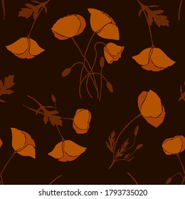 Resumen de la elegancia sin fisuras con fondo floral de amapola. Flores y hojas abstractas rústicas modernas de estilo plano