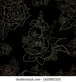 Abstract elegance seamless pattern with roses. Gold flower on black background.Abstract  pattern with floral motifs. Idea for material, scarf, fabric, textile, wallpaper, wrapping paper. Vector 