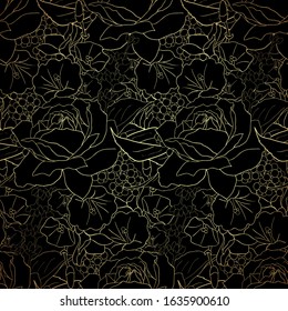 Abstract elegance seamless pattern with roses. Gold flower on black background.Abstract  pattern with floral motifs. Idea for material, scarf, fabric, textile, wallpaper, wrapping paper. Vector
