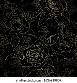 Abstract elegance seamless pattern with roses. Gold flower on black background.Abstract  pattern with floral motifs. Idea for material, scarf, fabric, textile, wallpaper, wrapping paper. Vector