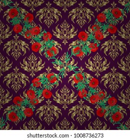 Abstract elegance vector seamless pattern with poppy flowers in neutral, red and purple colors.